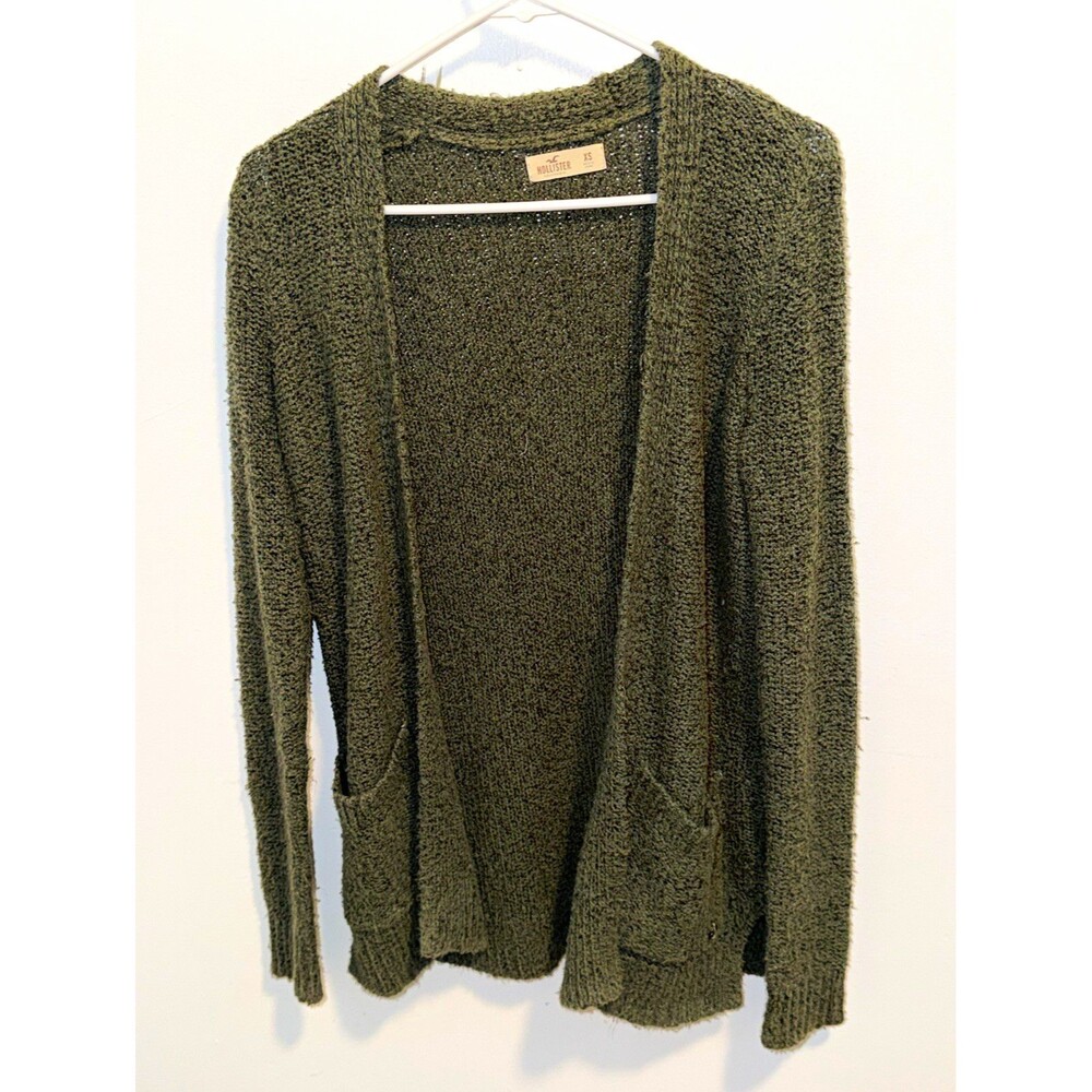 Hollister Women's Green Solid Knit V-Neck Open Front Cardigan Pockets XS